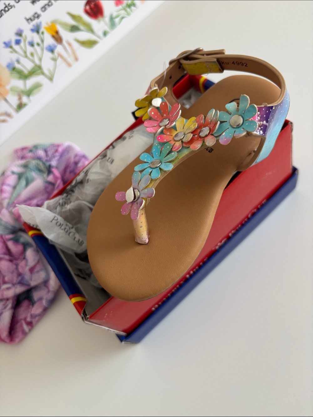 Colorful Floral T-Strap Sandal - Pastel Multi